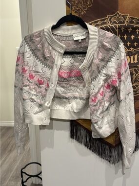 Freshman White, Pink and Gray Cropped Knit Cardigan